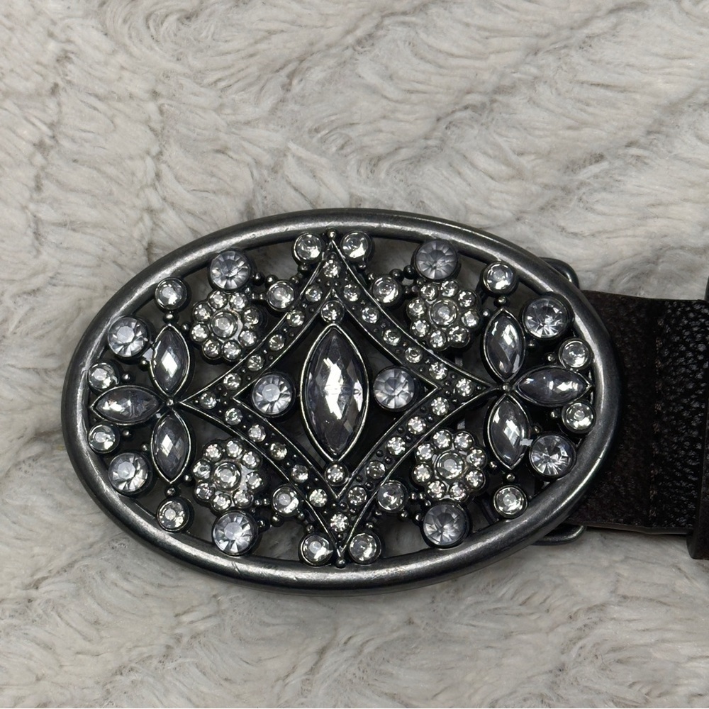 Brown vegan leather western Concho rhinestone oval buckle festival boho belt